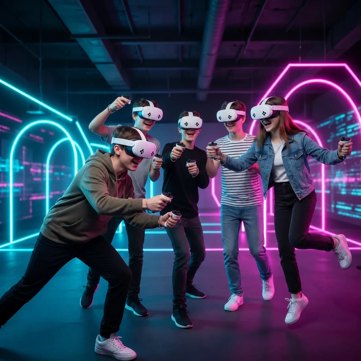 Компания играет в VR на неоновой арене