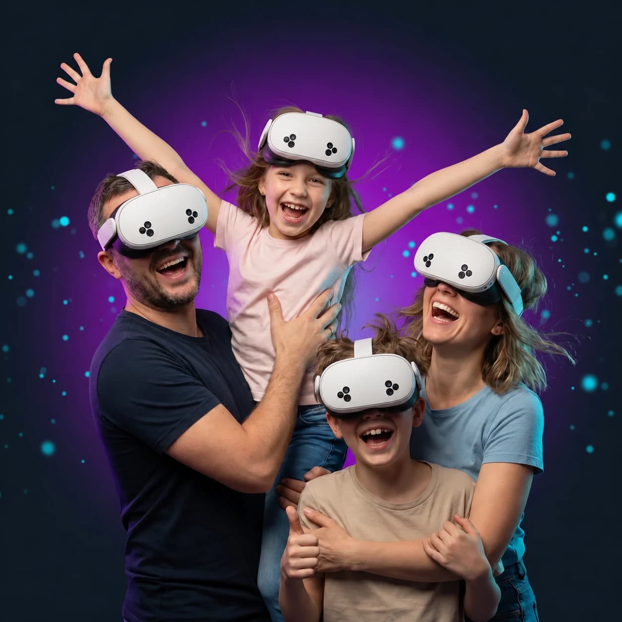 Семья в VR-шлемах радуется игре